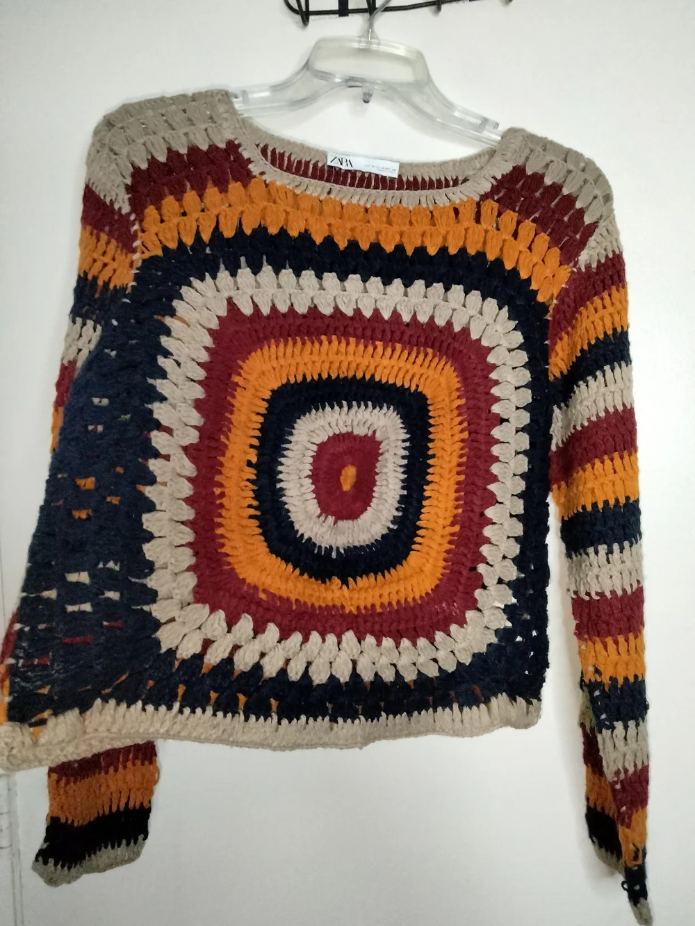 ZARA (Sz M) Multicolor Crochet Square-Front Boho LS Sweater in Beige/Navy/Maroon